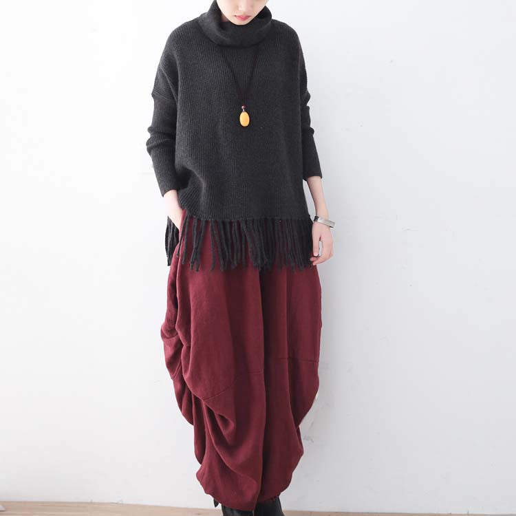 Blackish Green Cozy Sweater Fall Tassel Knit Sweat Tops High Neck Shirt