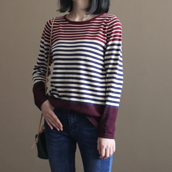 Burgundy Striped Patchwork Cotton Knit Tops Elastic Sweater