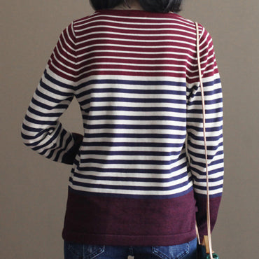 Burgundy Striped Patchwork Cotton Knit Tops Elastic Sweater