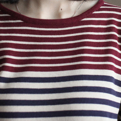 Burgundy Striped Patchwork Cotton Knit Tops Elastic Sweater