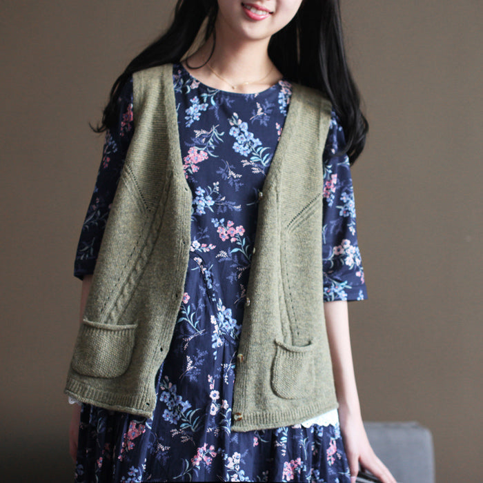 Light Army Green Sweater Knit Sweat Tops Fine V Neck Shirt Sleeveless Cardigan