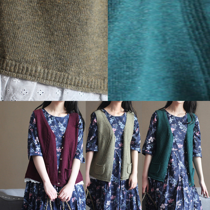 Light Army Green Sweater Knit Sweat Tops Fine V Neck Shirt Sleeveless Cardigan