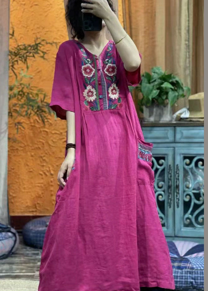 Rose Red Embroideried V Neck Linen Dress Half Sleeve