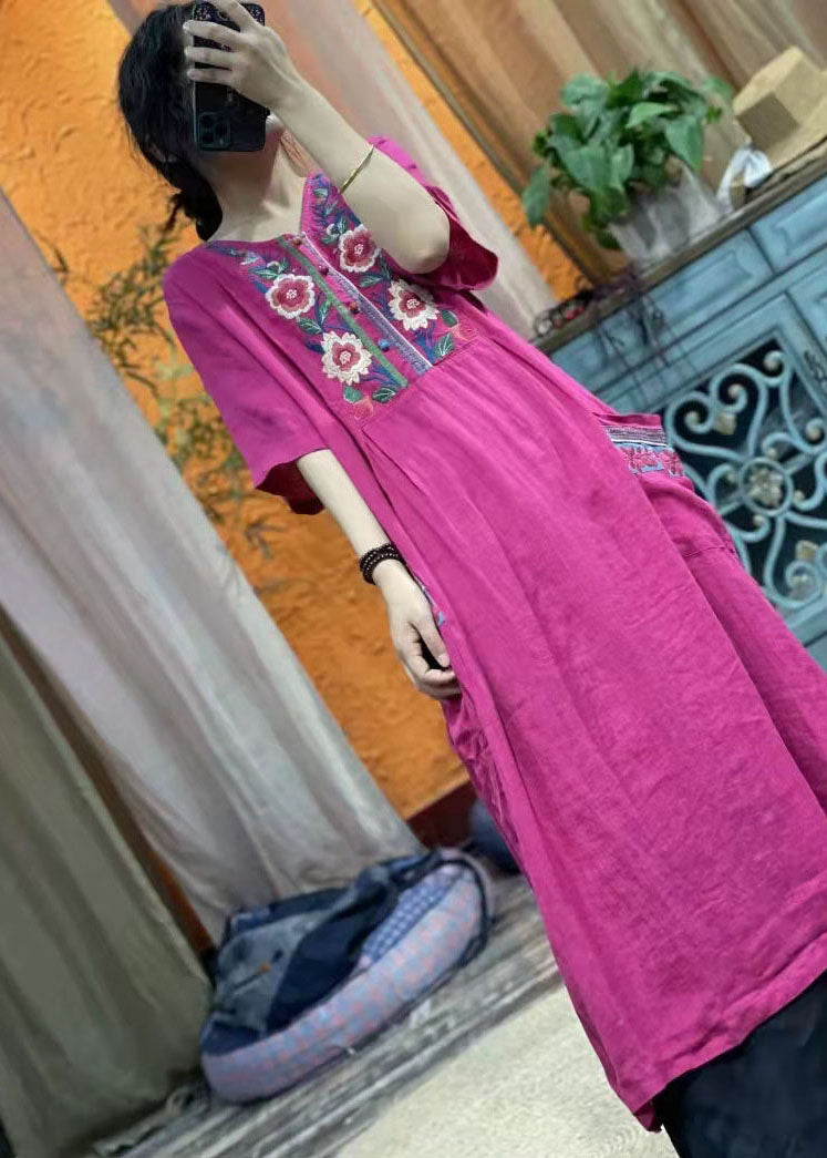 Rose Red Embroideried V Neck Linen Dress Half Sleeve