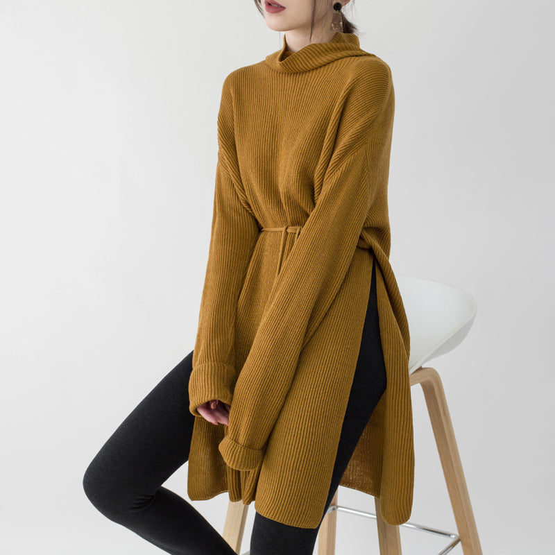Yellow Sweater Dresses Loose Fitting High Neck Side Open Long Knit Sweaters Tie Waist Winter Dress