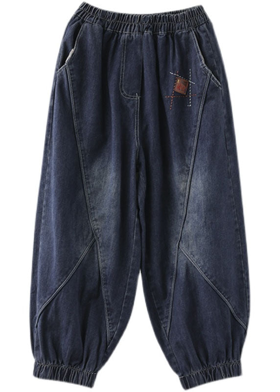 Black Elastic Waist Pockets Denim Pants Spring