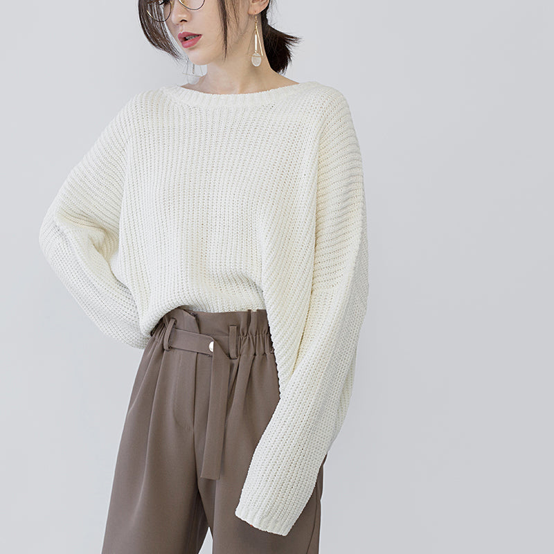 Warm Beige Knit Sweaters O Neck Baggy Batwing Sleeve Fall Blouse
