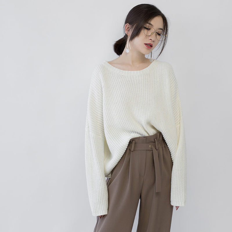 Warm Beige Knit Sweaters O Neck Baggy Batwing Sleeve Fall Blouse