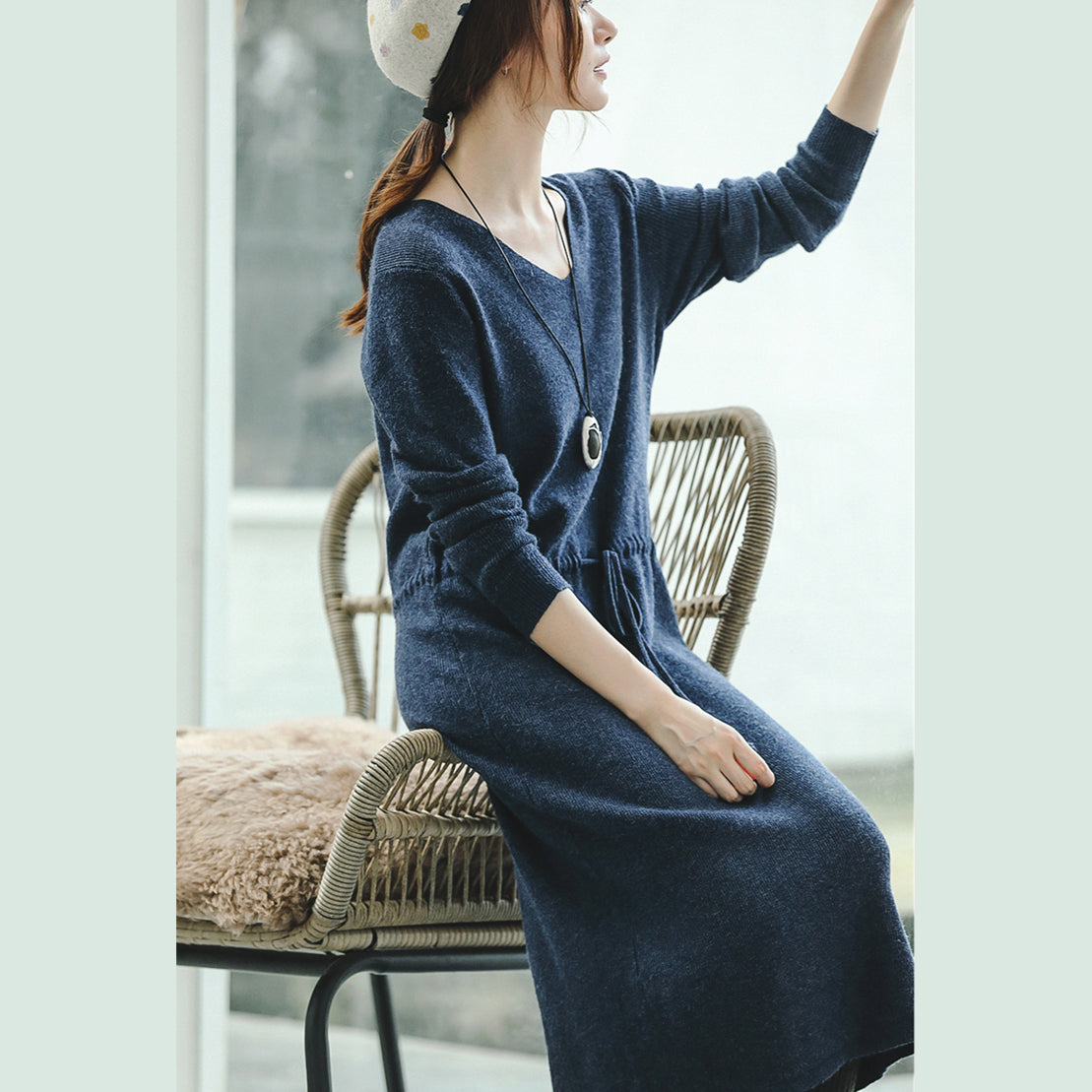 Warm Blue Knit Dresses Fall V Neck Long Knit Sweaters Drawstring Pullover Sweater
