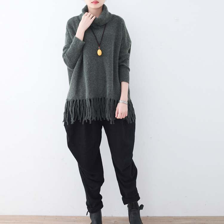 Warm Dark Gray Knit Sweaters Batwing Sleeve Knit Sweat Tops Boutique Tassel Winter Shirt