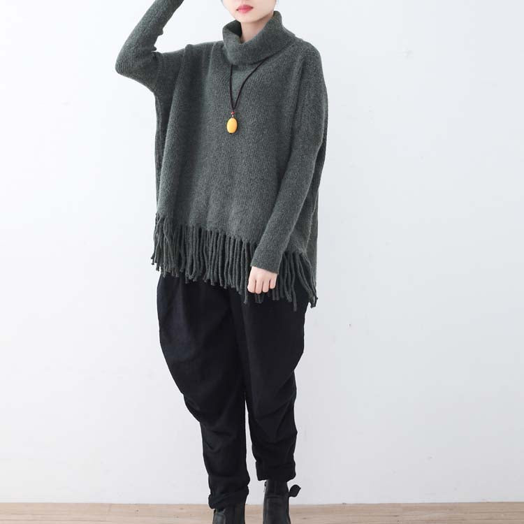 Warm Dark Gray Knit Sweaters Batwing Sleeve Knit Sweat Tops Boutique Tassel Winter Shirt