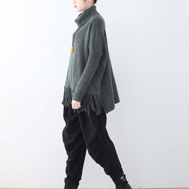 Warm Dark Gray Knit Sweaters Batwing Sleeve Knit Sweat Tops Boutique Tassel Winter Shirt