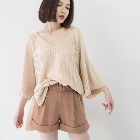 Warm Nude Cozy Sweater V Neck Knitted Blouses Batwing Sleeve Fall Blouse