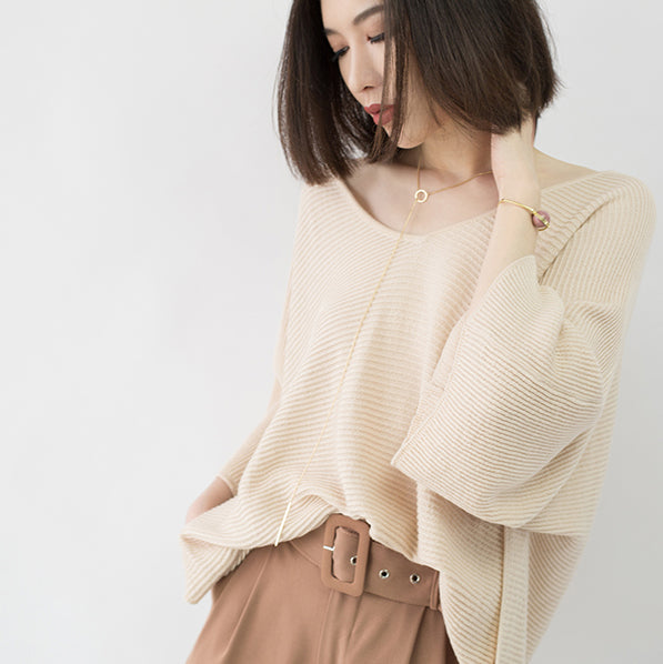 Warm Nude Cozy Sweater V Neck Knitted Blouses Batwing Sleeve Fall Blouse