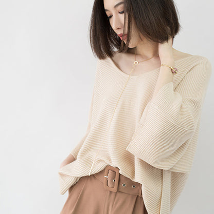 Warm Nude Cozy Sweater V Neck Knitted Blouses Batwing Sleeve Fall Blouse