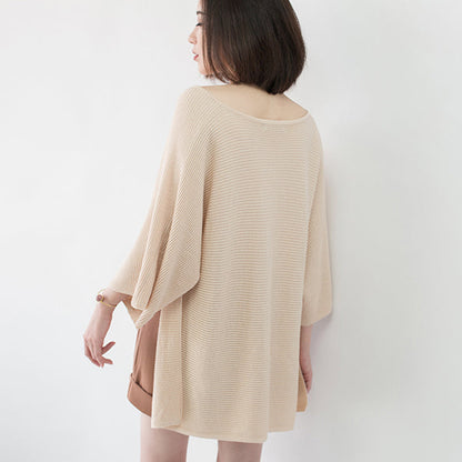 Warm Nude Cozy Sweater V Neck Knitted Blouses Batwing Sleeve Fall Blouse
