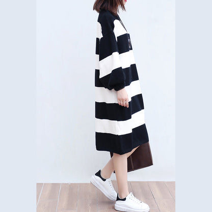 White Black Striped Woolen Cozy Sweater Dresses Knit Shift Dress