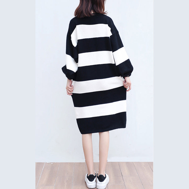 White Black Striped Woolen Cozy Sweater Dresses Knit Shift Dress