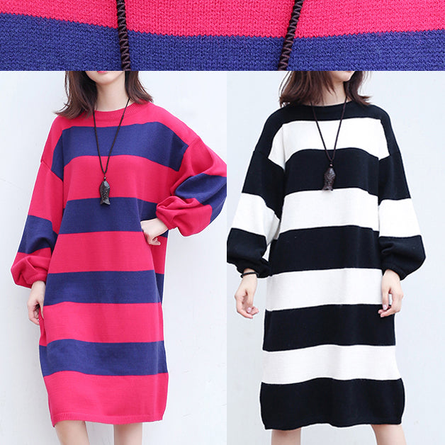 White Black Striped Woolen Cozy Sweater Dresses Knit Shift Dress