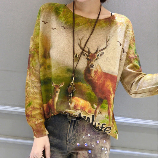 Winter Animal Print Stylish Sweater Oversize Batwing Sleeve Knit Tops