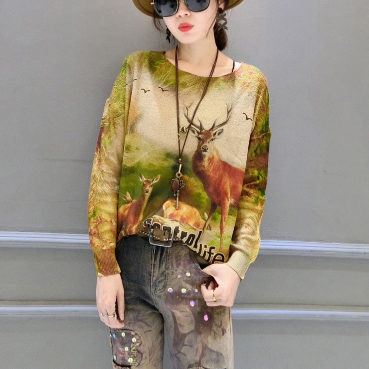 Winter Animal Print Stylish Sweater Oversize Batwing Sleeve Knit Tops