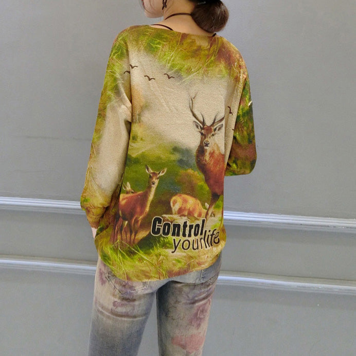 Winter Animal Print Stylish Sweater Oversize Batwing Sleeve Knit Tops