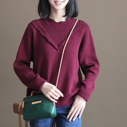 Winter Burgundy Lace Collar Cotton Sweater Loose Warm Knit Tops