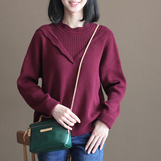 Winter Burgundy Lace Collar Cotton Sweater Loose Warm Knit Tops