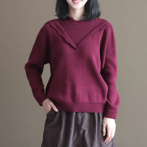 Winter Burgundy Lace Collar Cotton Sweater Loose Warm Knit Tops