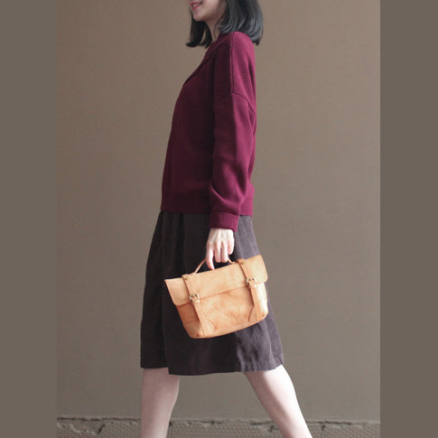 Winter Burgundy Lace Collar Cotton Sweater Loose Warm Knit Tops