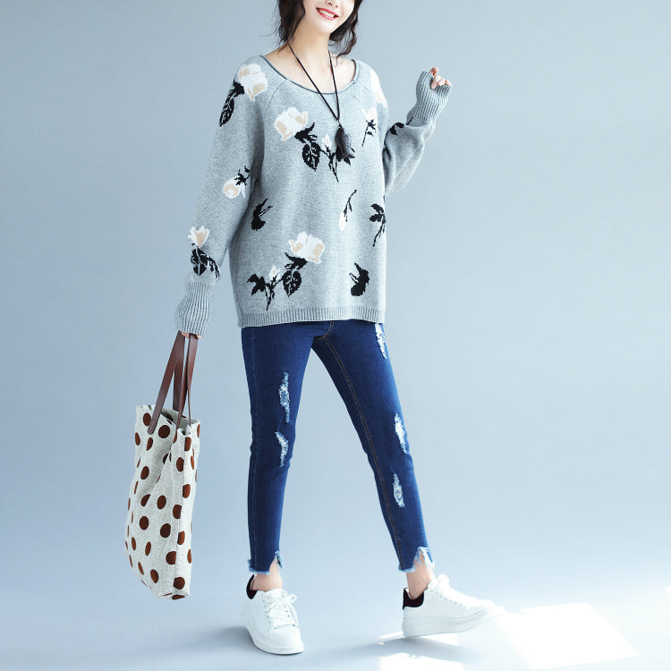 Winter Gray Prints Rabbit Fur Sweater Pullover Oversize Long Sleeve Knit Tops