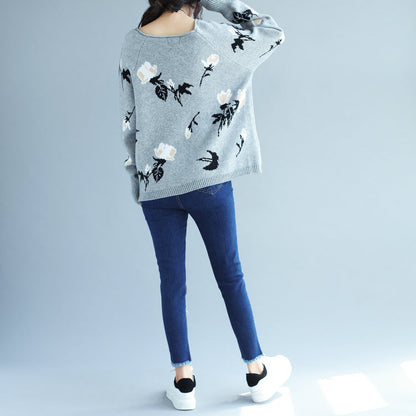 Winter Gray Prints Rabbit Fur Sweater Pullover Oversize Long Sleeve Knit Tops