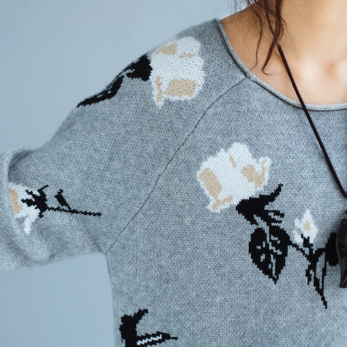 Winter Gray Prints Rabbit Fur Sweater Pullover Oversize Long Sleeve Knit Tops