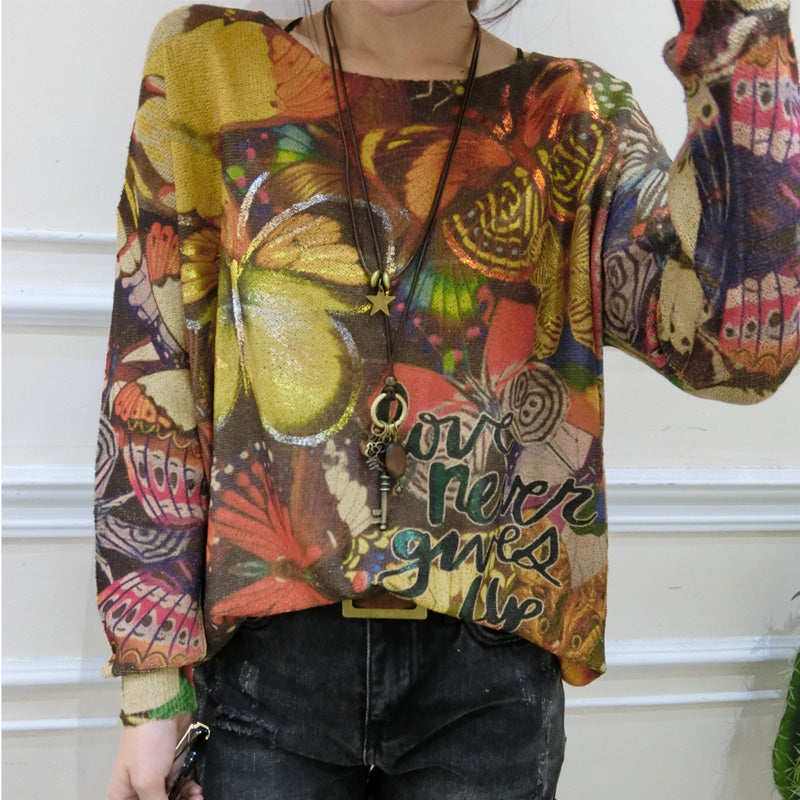 Winter New Alphabet Butterfly Print Sweater Oversize Batwing Sleeve Knit Tops