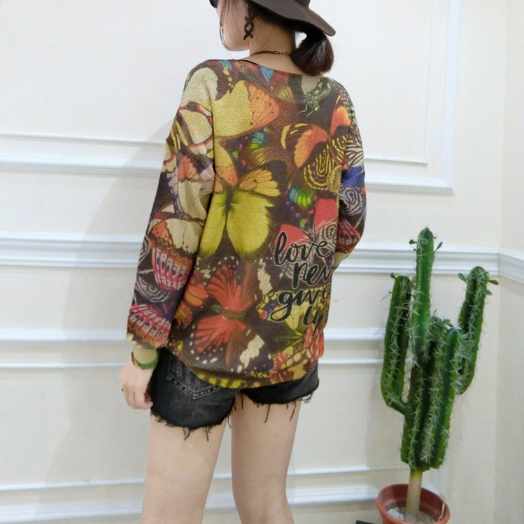Winter New Alphabet Butterfly Print Sweater Oversize Batwing Sleeve Knit Tops