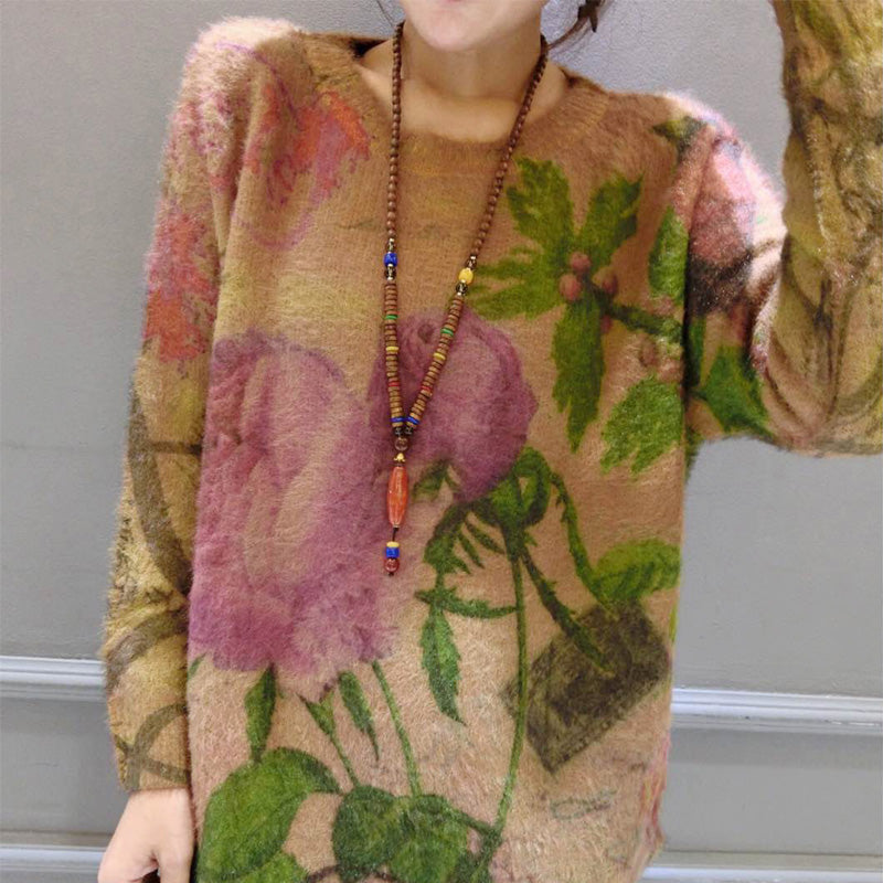 Winter Thick Prints Cotton Sweater Pullover O Neck Knit Top