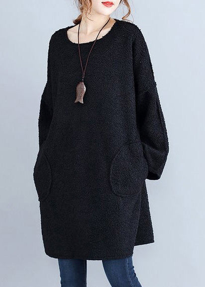 Winter Thick Warm Black Lamb's Wool Dresses Long Sleeve Sweater Dress