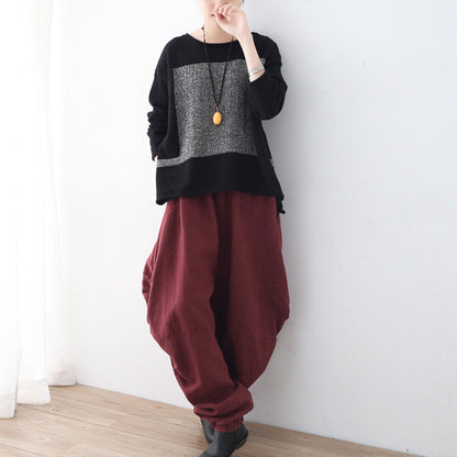 Black Knit Sweaters Fall Patchwork Sweaters New O Neck Fall Blouse