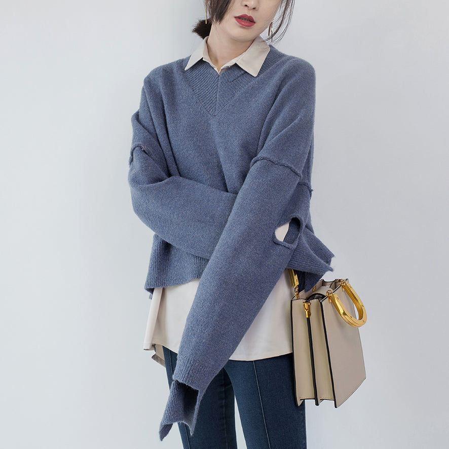 Blue Sweater V Neck Knitted Blouses Asymmetrical Design Top