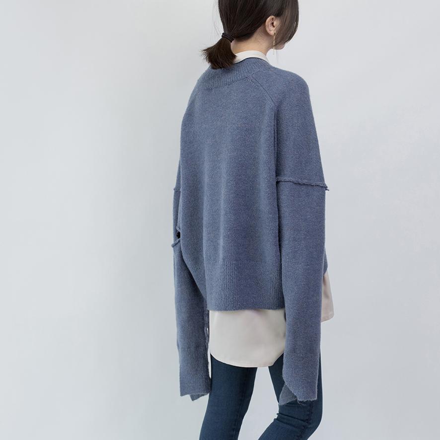 Blue Sweater V Neck Knitted Blouses Asymmetrical Design Top