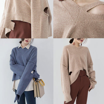 Blue Sweater V Neck Knitted Blouses Asymmetrical Design Top