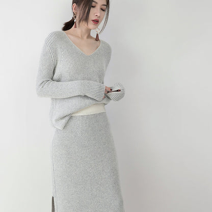 Gray Knit Sweaters Clothing V Neck Knitted Blouses Side Open Skirt Two Pieces