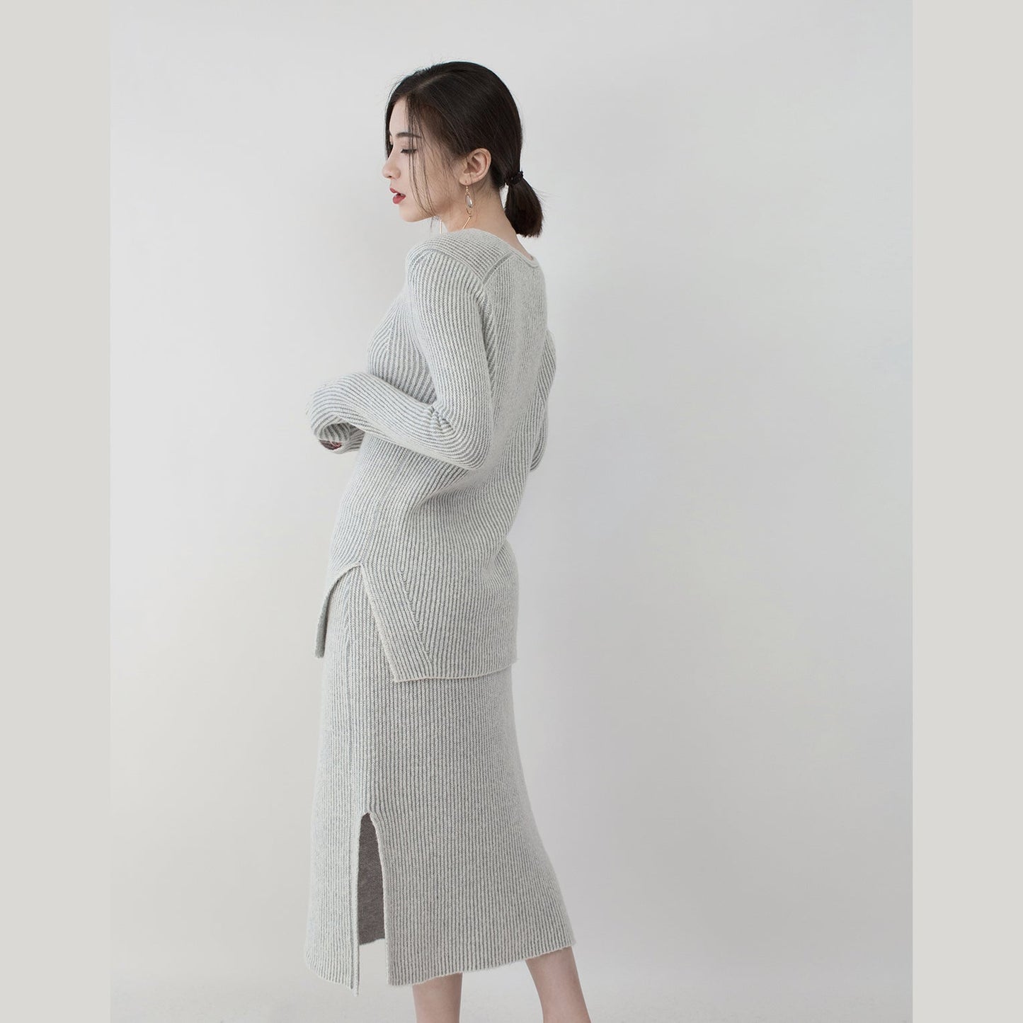 Gray Knit Sweaters Clothing V Neck Knitted Blouses Side Open Skirt Two Pieces