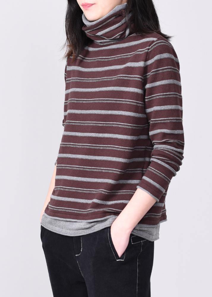 Khaki Striped Knitted Tops Oversized High Neck Knit Sweater Long Sleeve