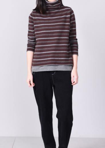 Khaki Striped Knitted Tops Oversized High Neck Knit Sweater Long Sleeve