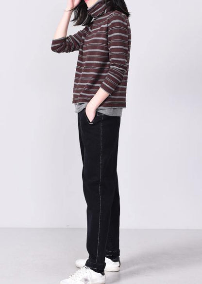 Khaki Striped Knitted Tops Oversized High Neck Knit Sweater Long Sleeve