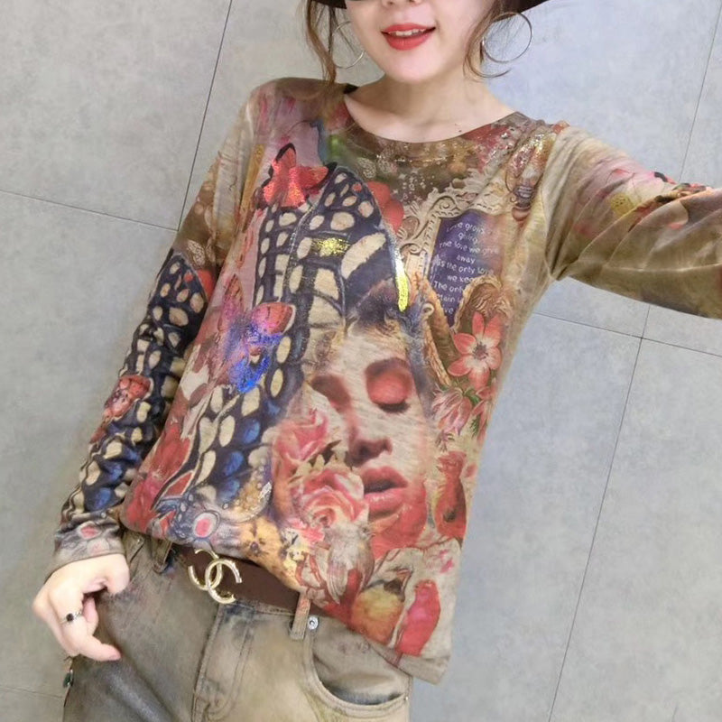 New Gold Prints Cotton Sweater Wild O Neck Elastic Knit Sweater