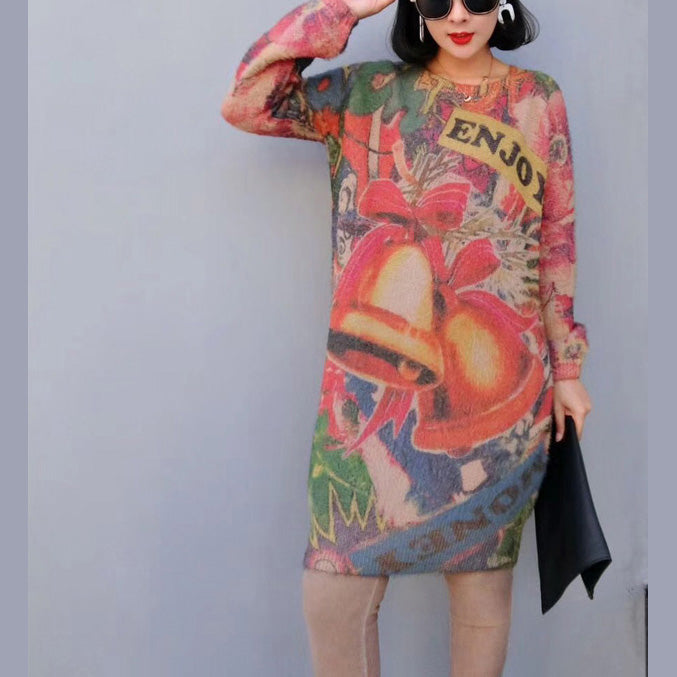Winter Prints Knit Dresses Oversize Warm O Neck Wild Sweater Dress