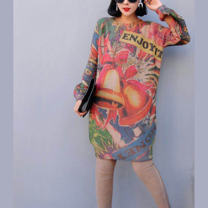 Winter Prints Knit Dresses Oversize Warm O Neck Wild Sweater Dress