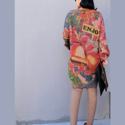 Winter Prints Knit Dresses Oversize Warm O Neck Wild Sweater Dress